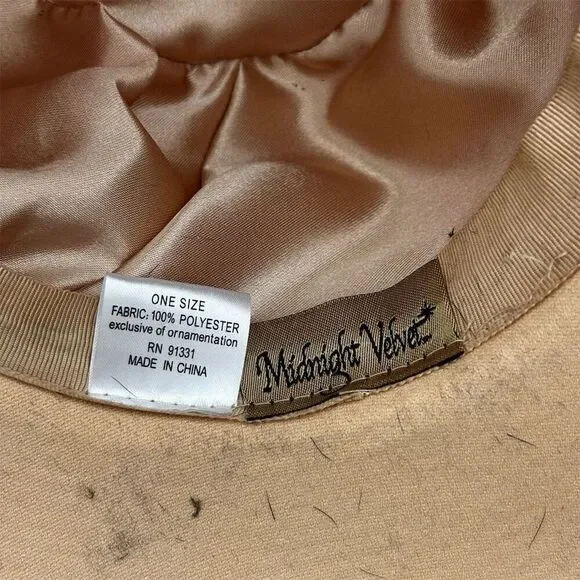 Midnight Velvet Vintage Beige Hat Beaded Bow & Feathers One Size - Picture 3 of 8
